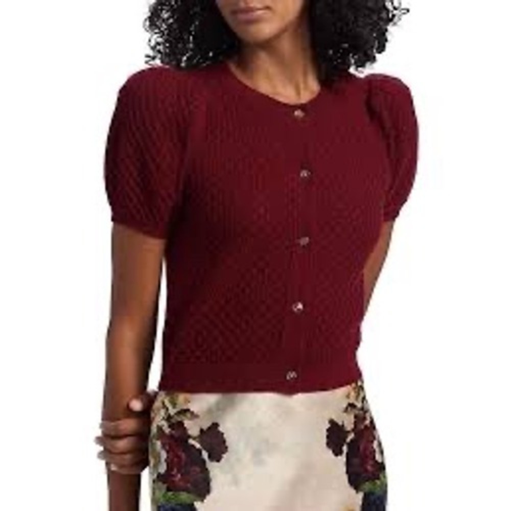 Alice + Olivia Burgundy Cashmere Blend Puff Sleeve Cardigan Size M NWT